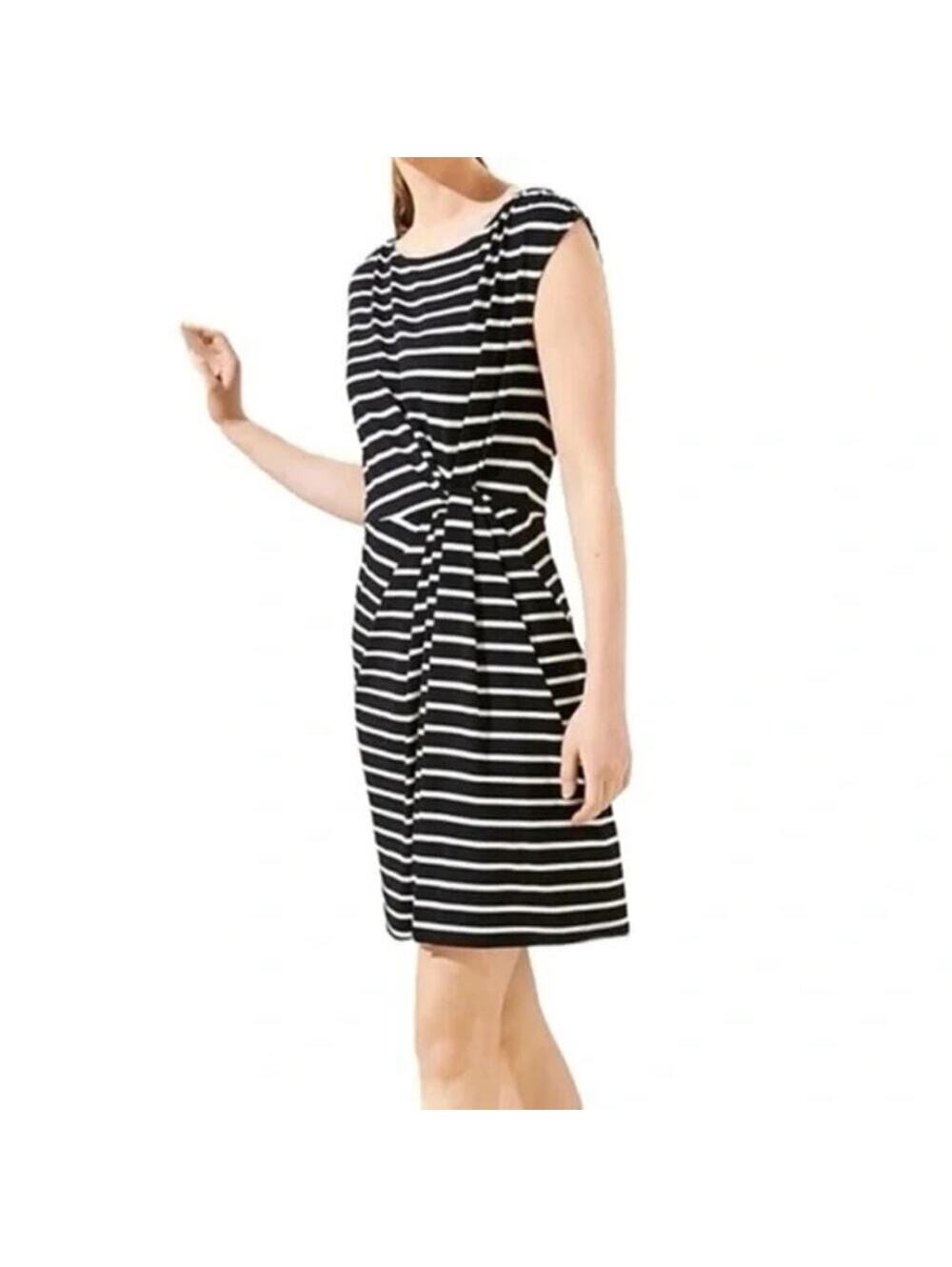 Loft EUC Women's Black White Striped Faux Wrap Midi Dress Size S